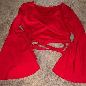 Cropped Red Tie Top Blouse with Belle Sleeves